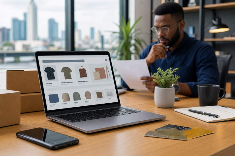 Nigerian entrepreneur and developer reviewing an ecommerce website setup with laptop, smartphone, and payment tools in a modern workspace