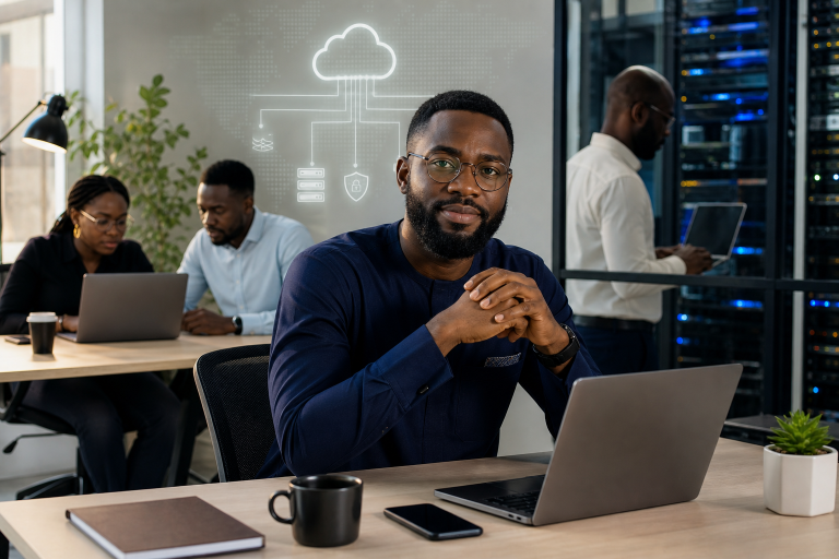 A Nigerian business owner and developer discussing website hosting options with abstract server and cloud visuals in a modern workspace
