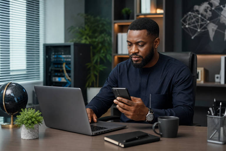 Nigerian entrepreneur reviewing business email hosting setup on laptop and smartphone in a modern office