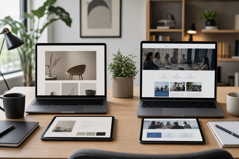 Side-by-side modern website design workspaces representing Framer and Wix for fast design iteration