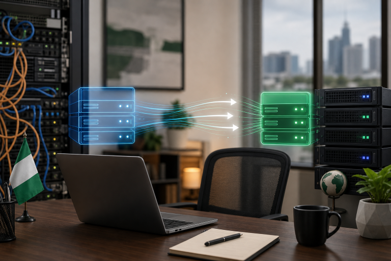 Modern business and technology scene illustrating a website migration from one host to another without downtime