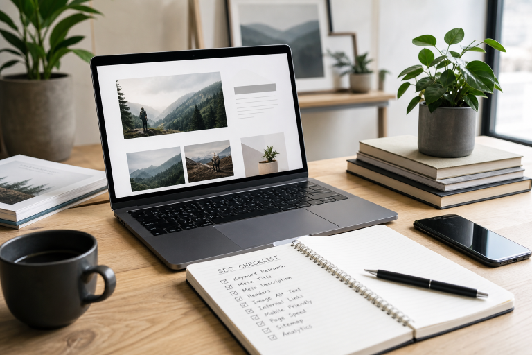 A beginner website builder workspace with a laptop, SEO checklist notebook, and smartphone on a clean desk