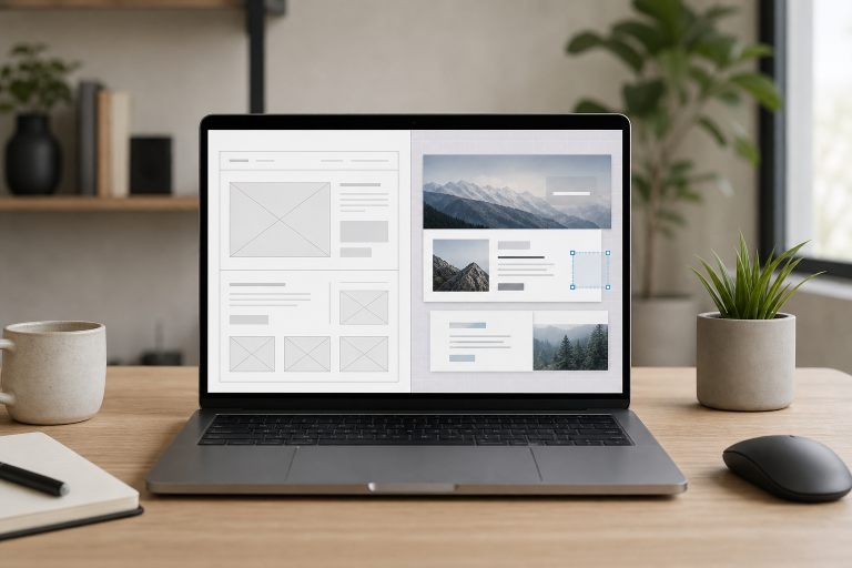 Modern workspace with abstract web design wireframes comparing Webflow and WordPress customization approaches