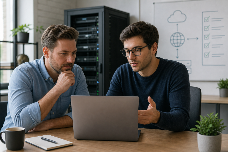 Small business owner and developer planning a website migration checklist on a laptop in a modern office