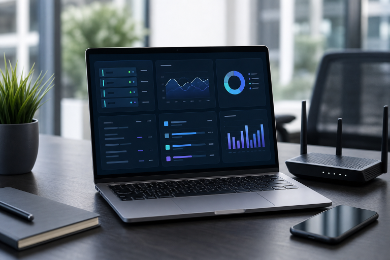Modern workspace illustrating cPanel hosting for website and email management