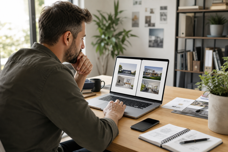 A small service business owner comparing website builder options on a laptop in a modern office